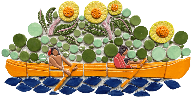 Tile of an indigenous family rowing a canoe past large wildflowers