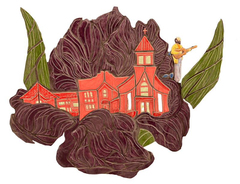 Tile of the Clifton center surrounded by iris plants