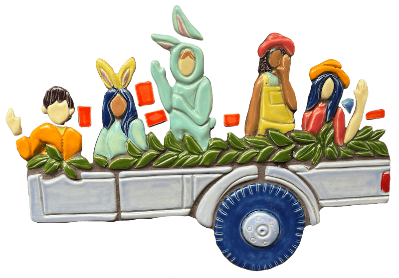 Tile of an Easter parade float with costumed children riding in a trailer