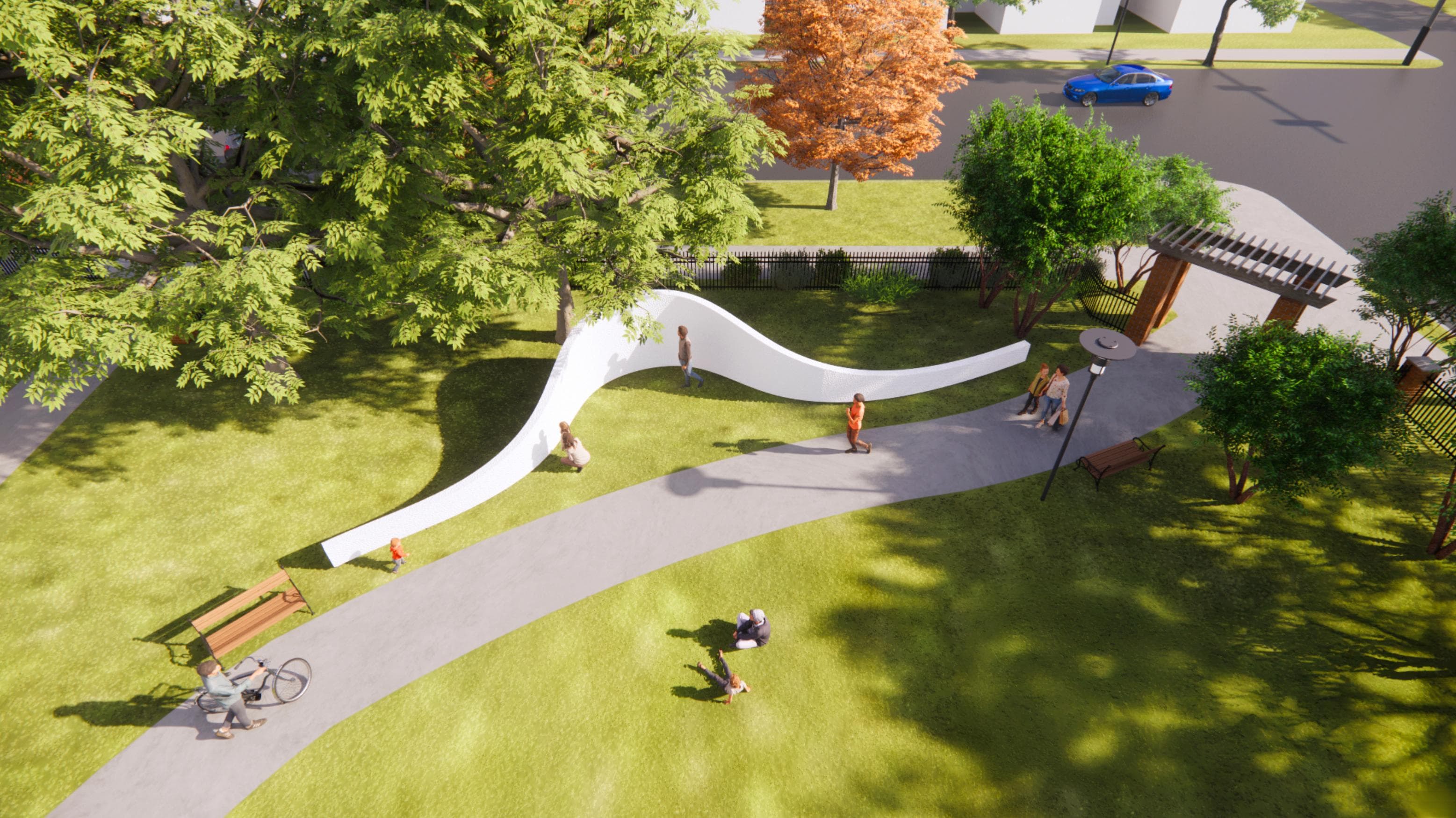 Birds eye view of a rendering of the installation with visitors in Clifton Court